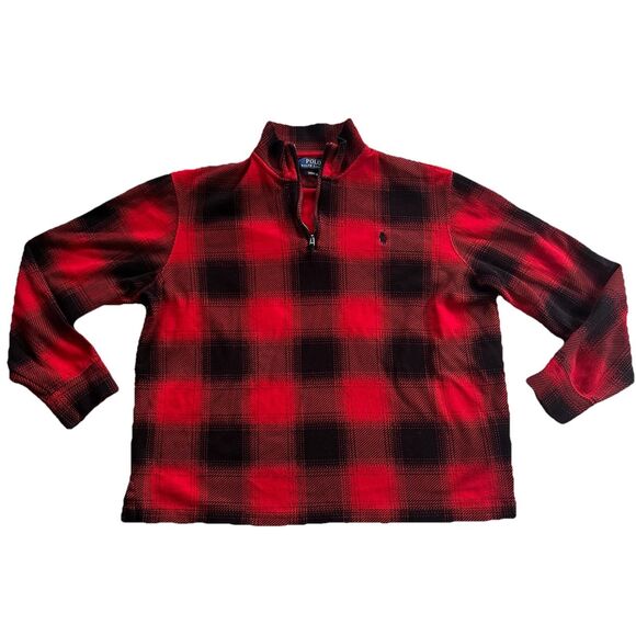 Polo Ralph Lauren Sweater Mens Large Red Buffalo Plaid Estate Rib Cotton 1/4 Zip - Picture 1 of 5